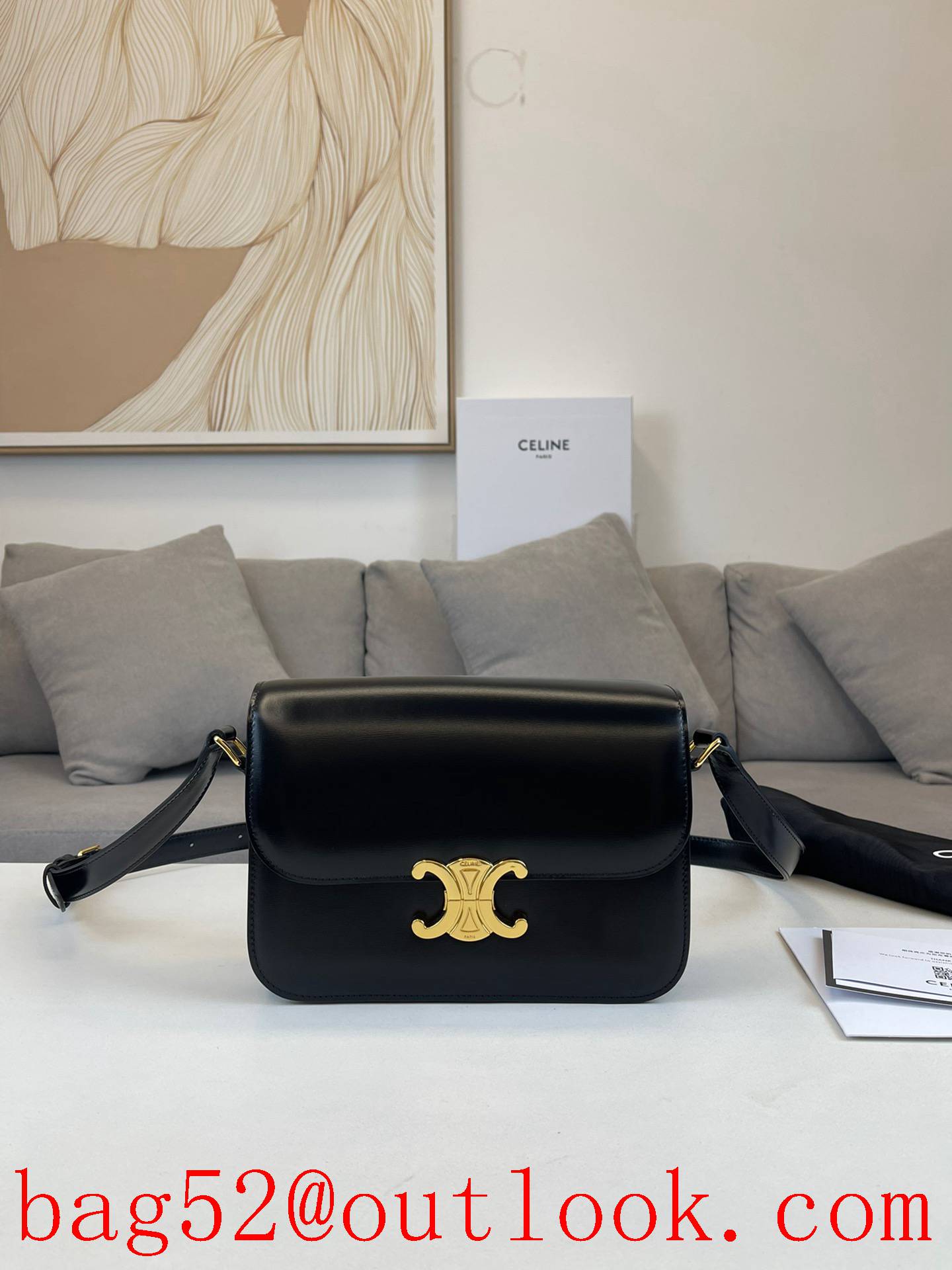 Celine black Triomphe medium box leather scratch pattern inner sheepskin handbag