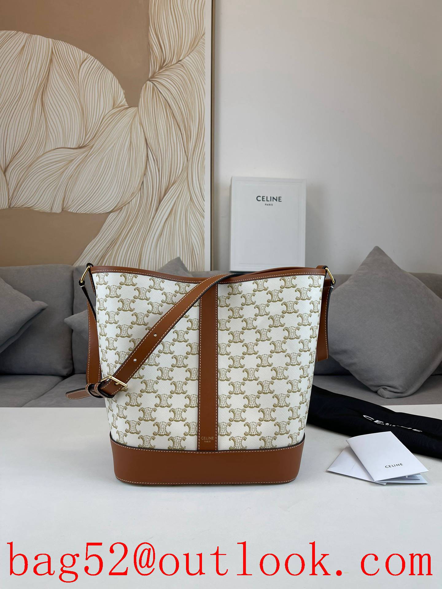 Celine Medium bucket bag with Triomphe Canvas logo print white waterproof floral shopping bag