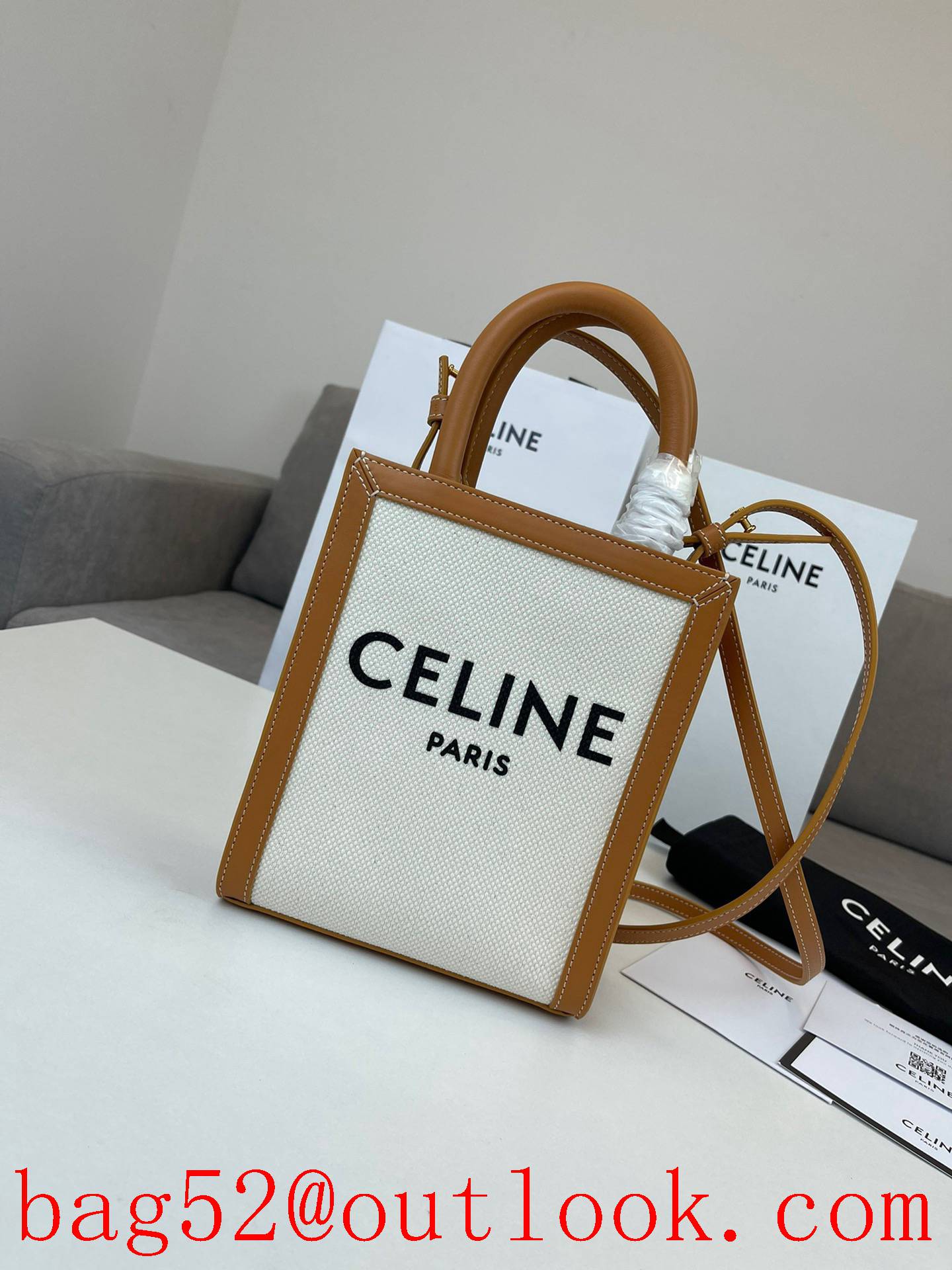 Celine white small Cabas Mini Tote Vertical Bag Logo Canvas tote handbag