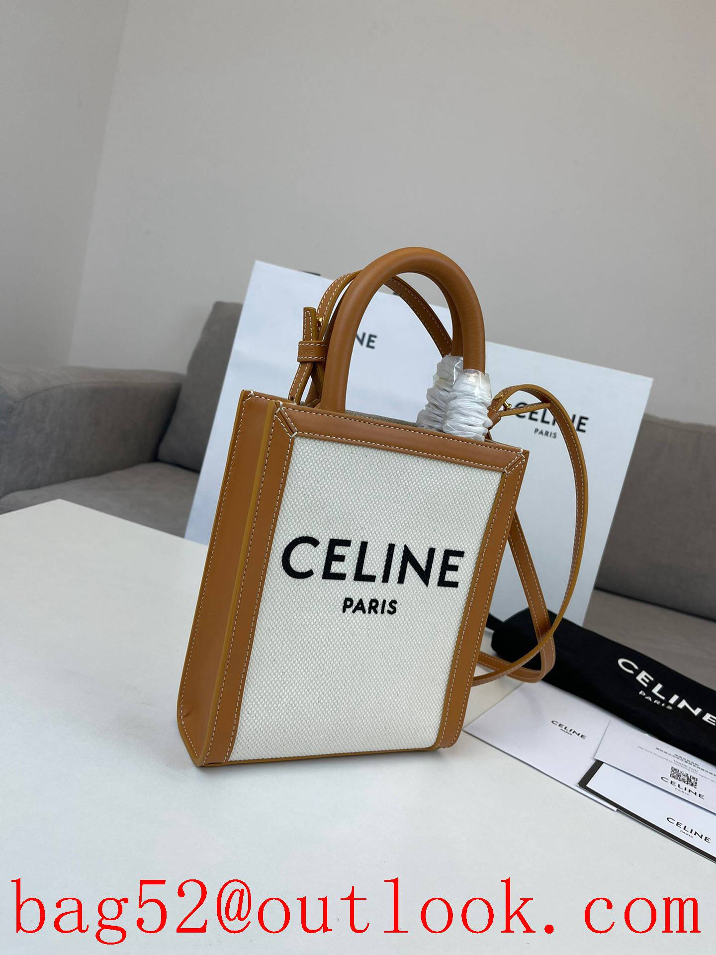 Celine white small Cabas Mini Tote Vertical Bag Logo Canvas tote handbag