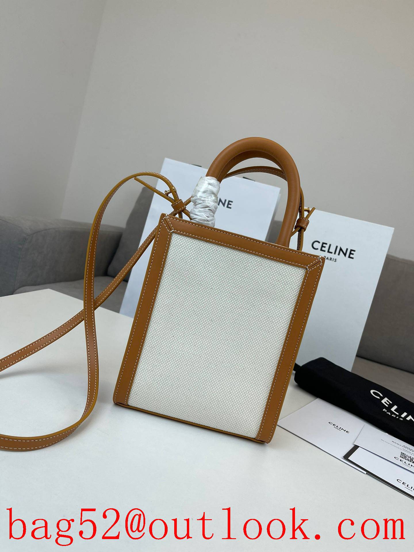 Celine white small Cabas Mini Tote Vertical Bag Logo Canvas tote handbag