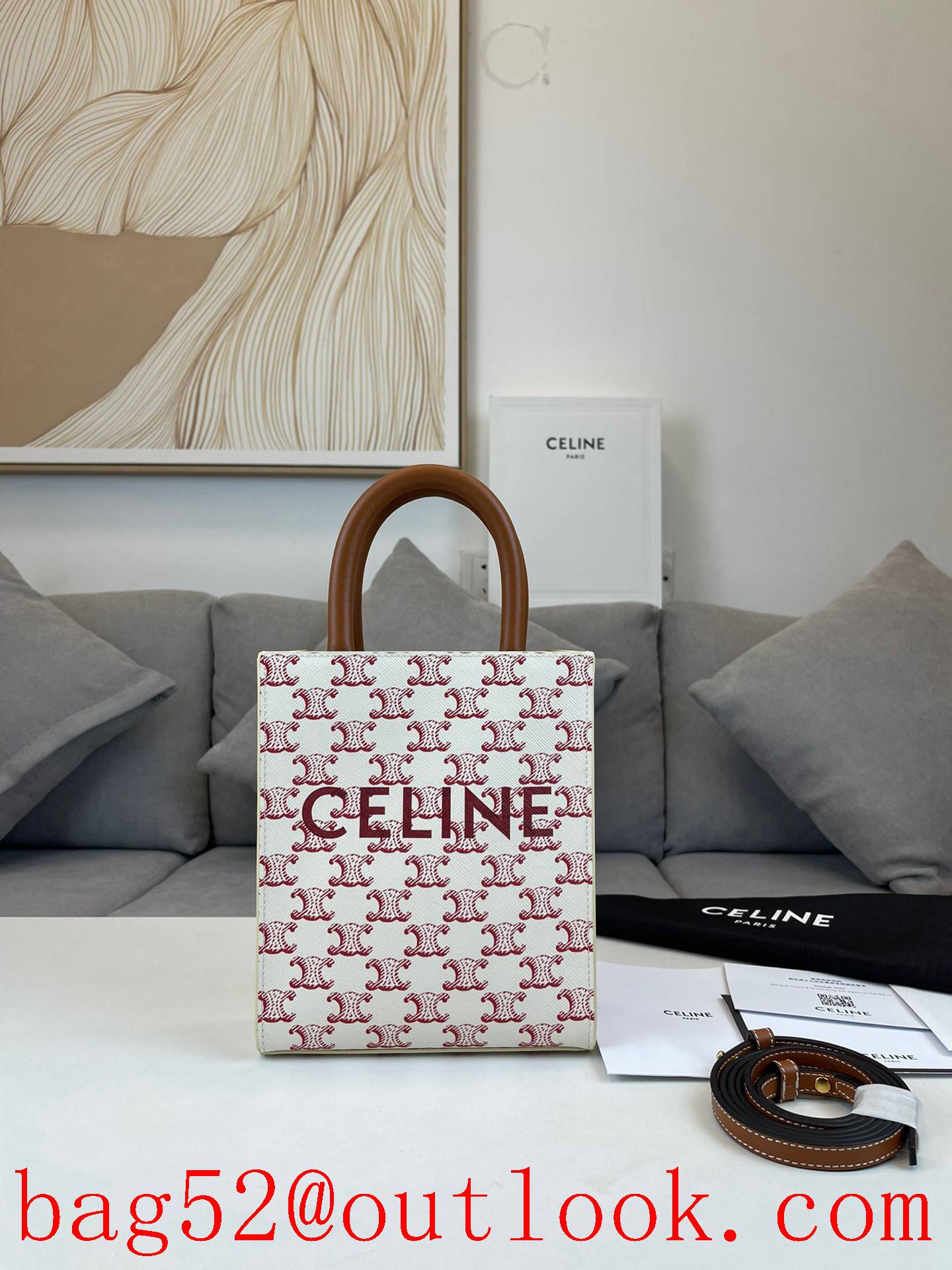 Celine Cabas white Triomphe MiNi faux leather coated canvas vertical bag