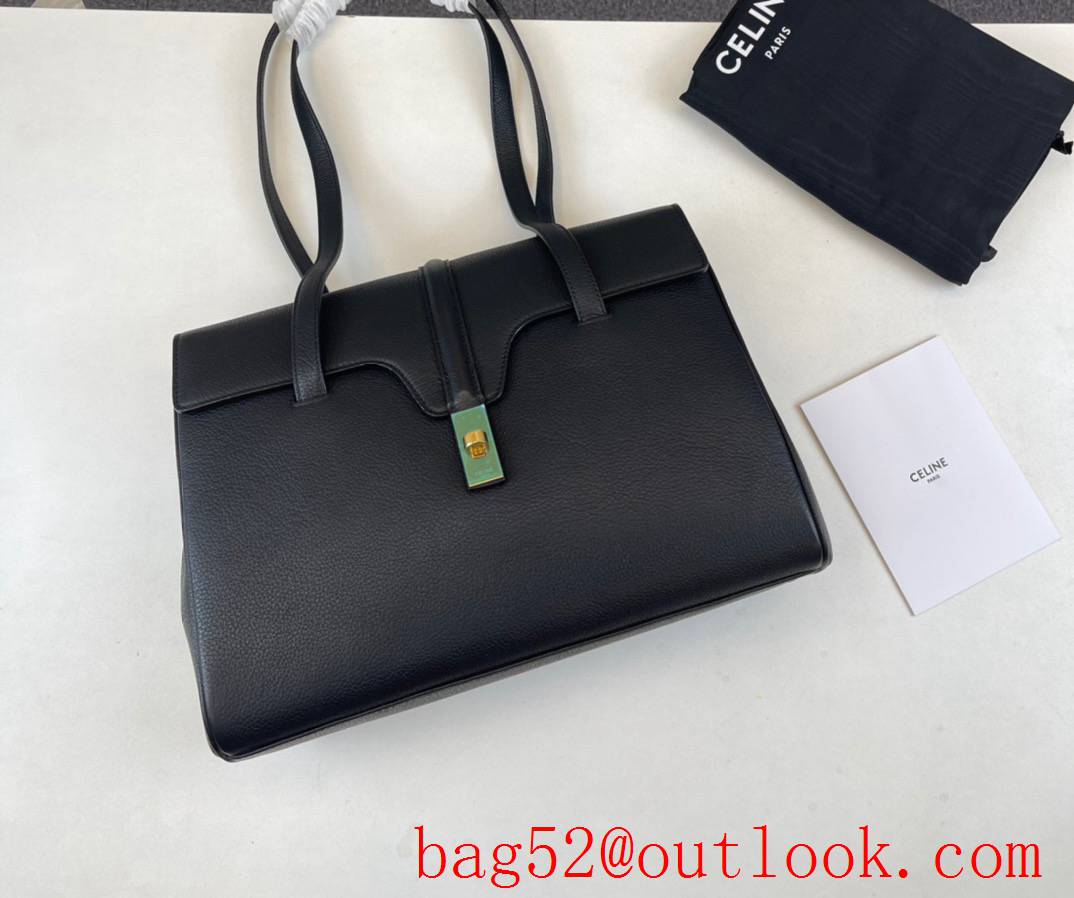 Celine black soft medium Italy cowhide litchi pattern grain cow leather handbag tote bag
