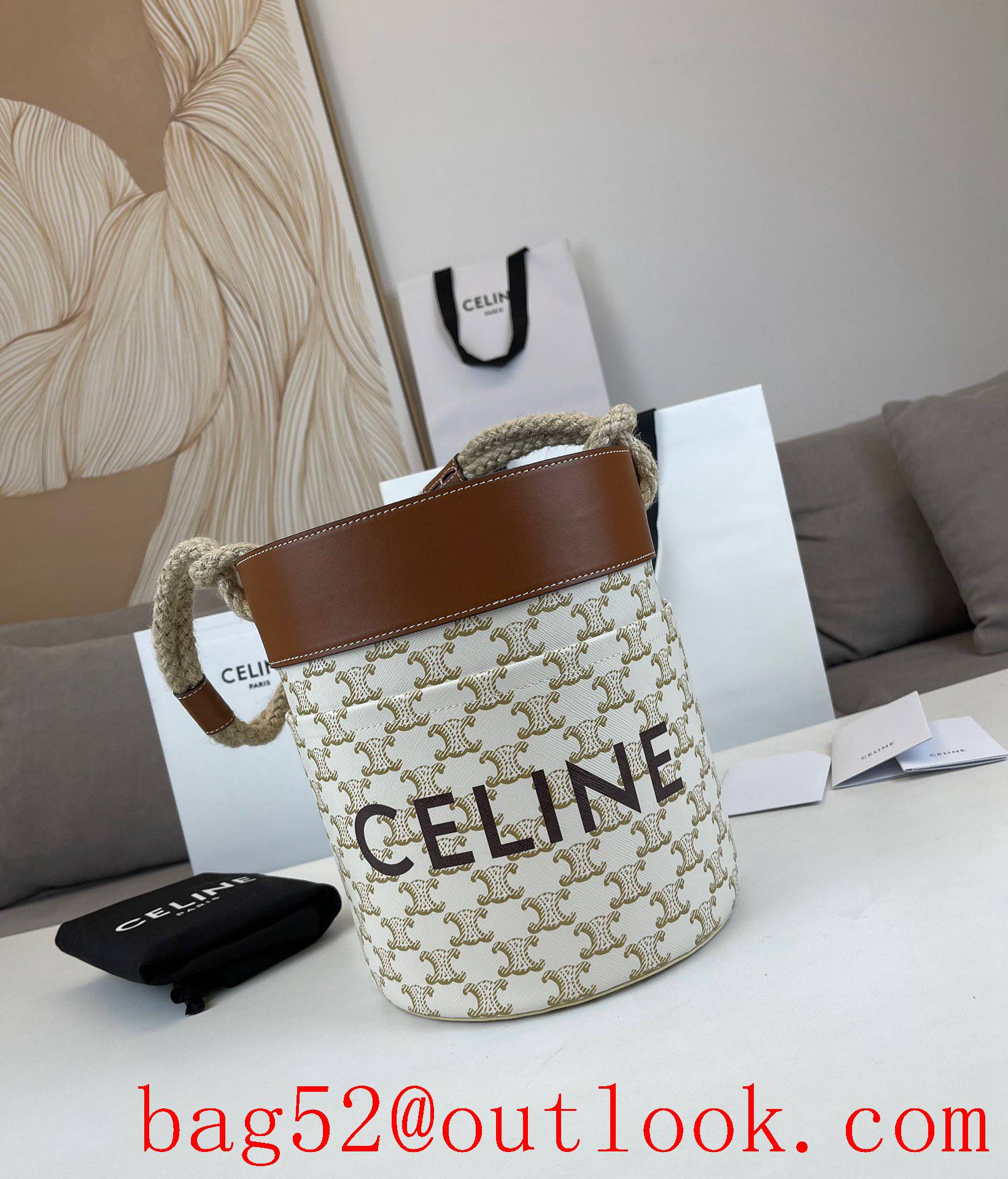 Celine Bucket Corde logo printed hemp rope cream shoulder shopping bag