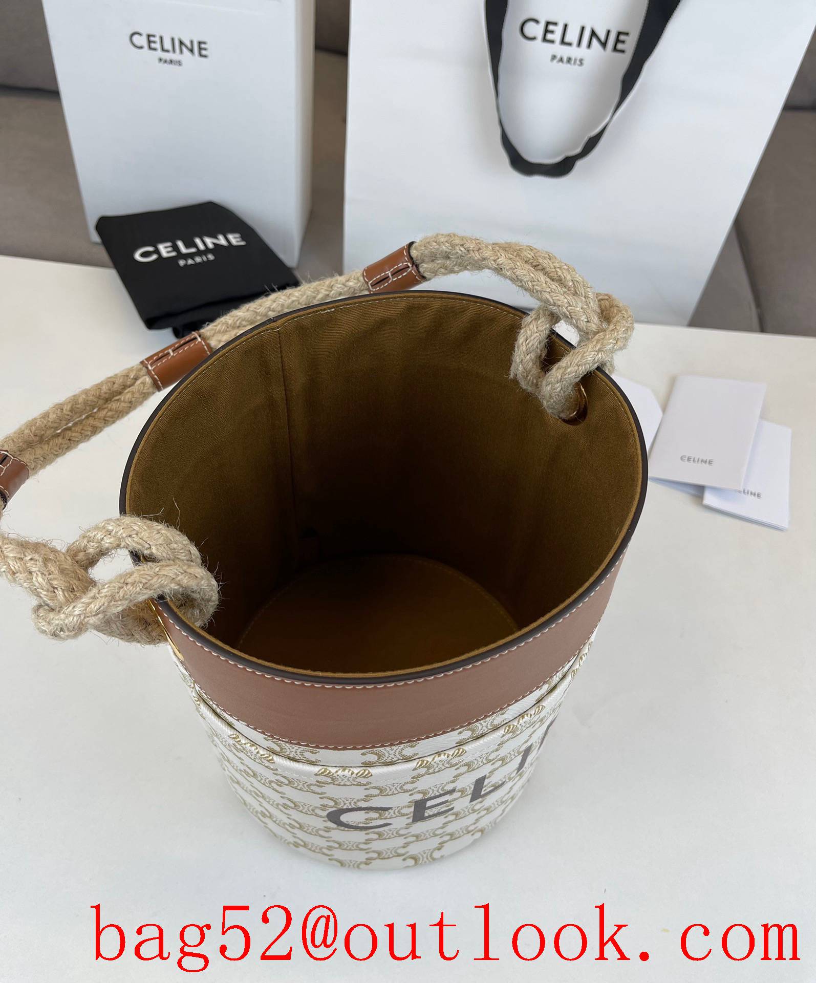 Celine Bucket Corde logo printed hemp rope cream shoulder shopping bag