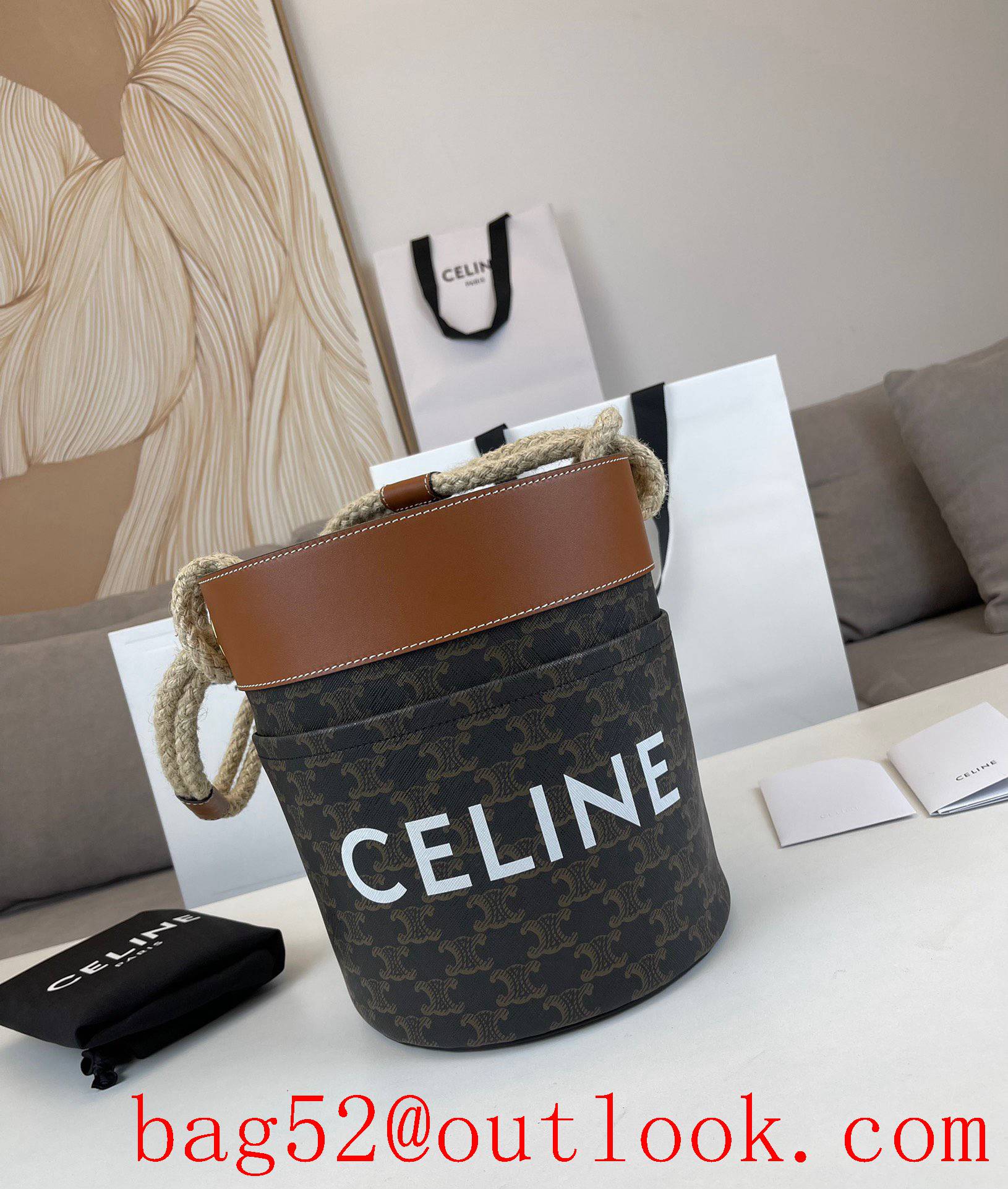 Celine black shoulder shopping bag Bucket Corde logo printed hemp rope handbag