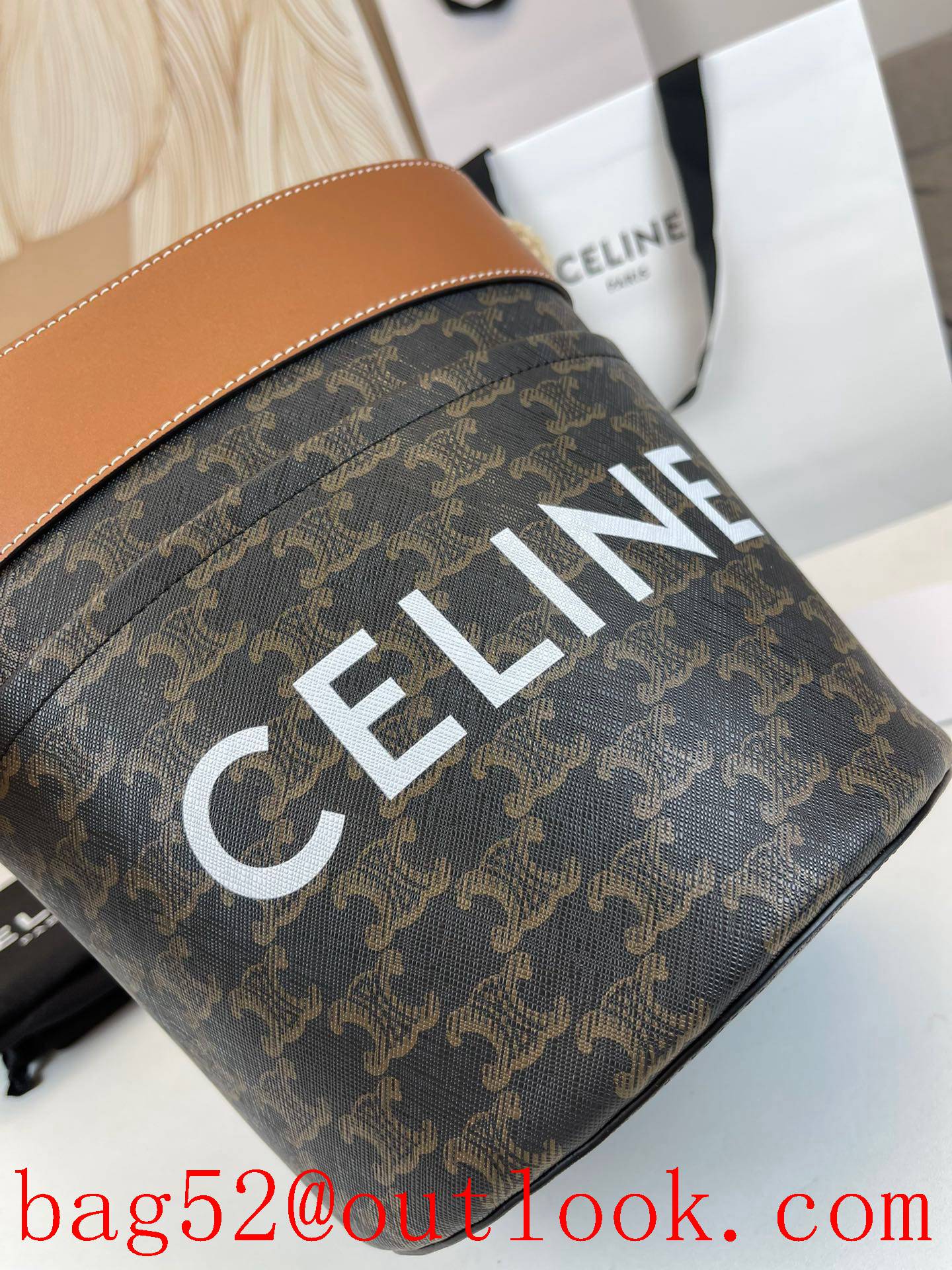 Celine black shoulder shopping bag Bucket Corde logo printed hemp rope handbag