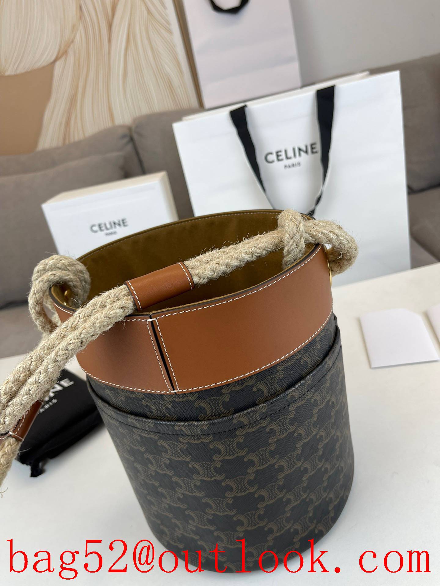 Celine black shoulder shopping bag Bucket Corde logo printed hemp rope handbag