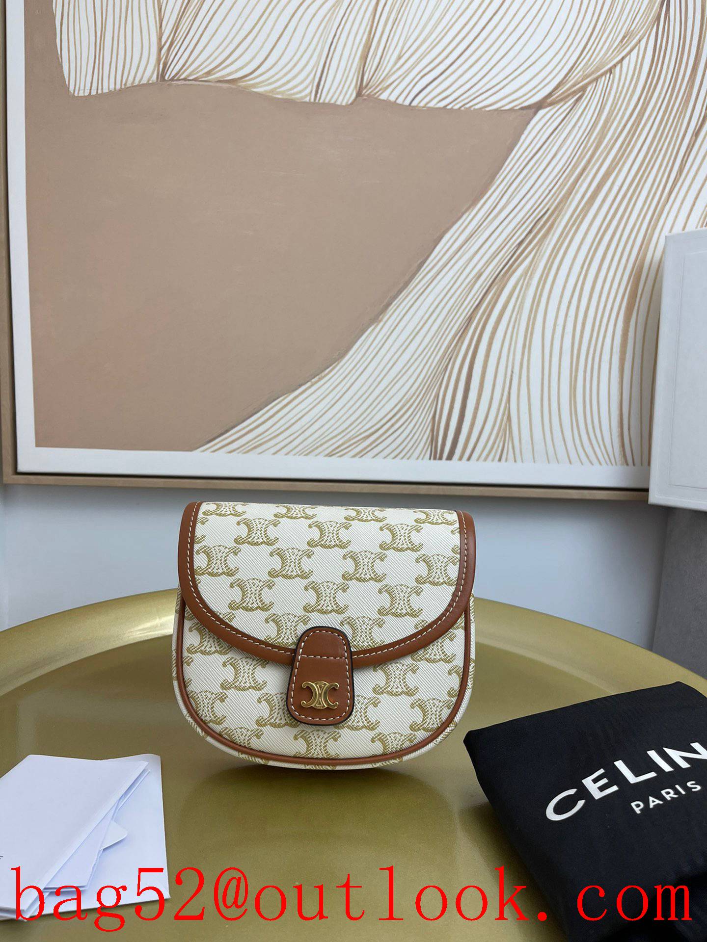 Celine white BESACE mini logo print calfskin saddle Triomphe Canvas print bag