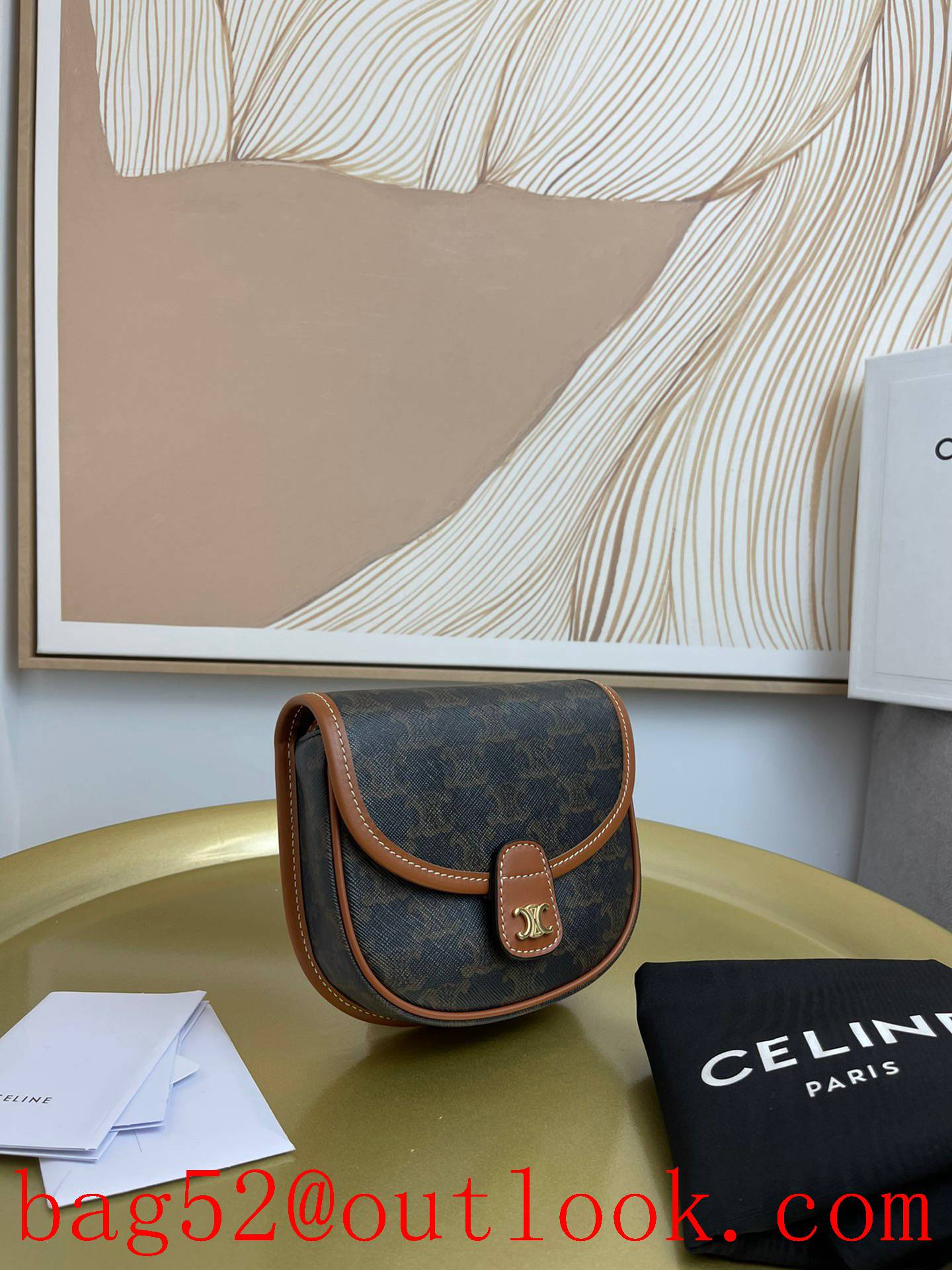 Celine black BESACE mini logo print calfskin saddle Triomphe Canvas print shoulder bag