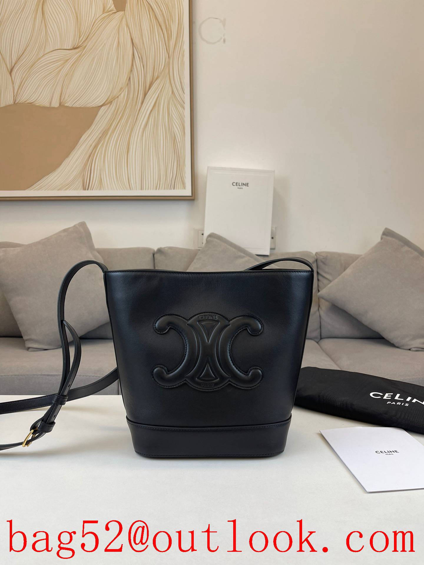 Celine black new CUIR bucket Arc de Triomphe three-dimensional big logo crossbody shoulder handbag
