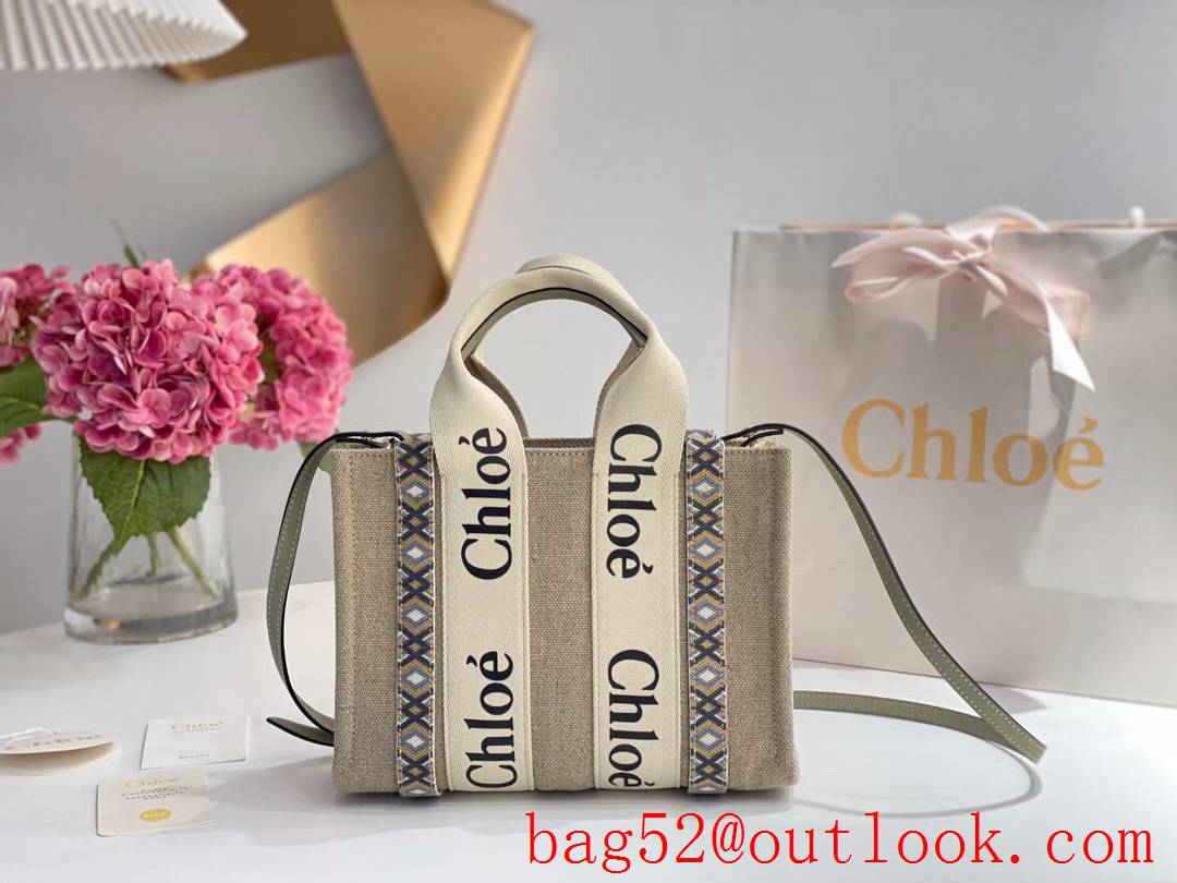 Chole Woody Lingge hand Embroidery stripedlinen Tote cream small Bag
