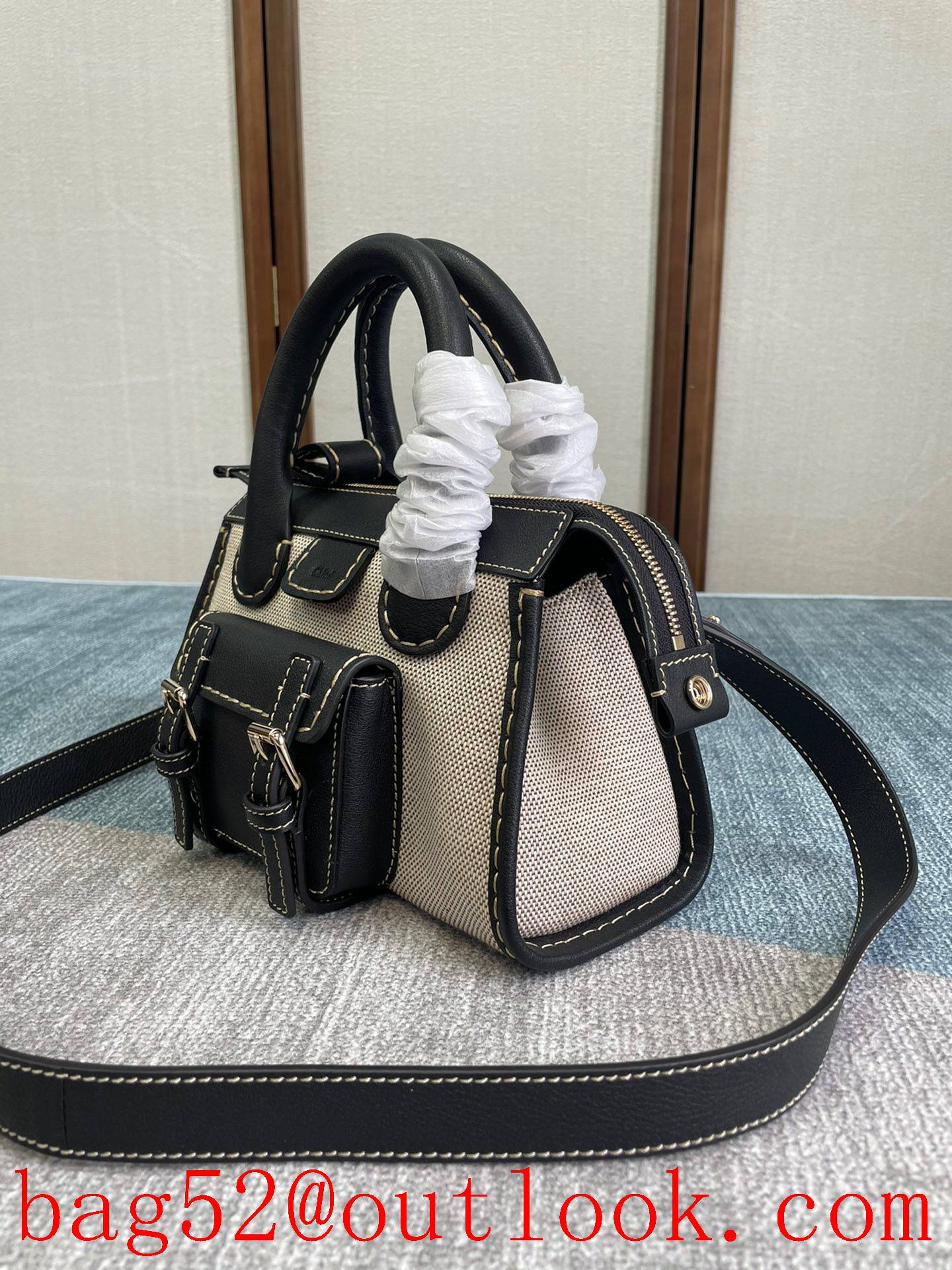 Chole zip pocket Linen lining Removable strap edith creamblack crossbody bag