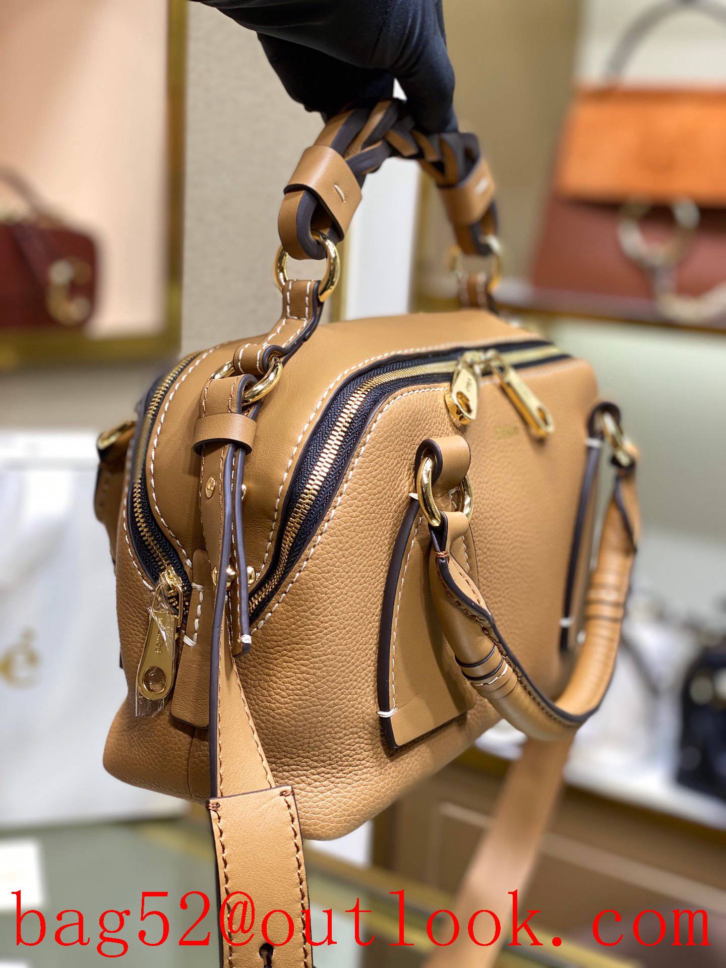 Chole new daria copper-gold-plated double zipper design ye-catching hand-woven handles jacquard letter logo brown handbag