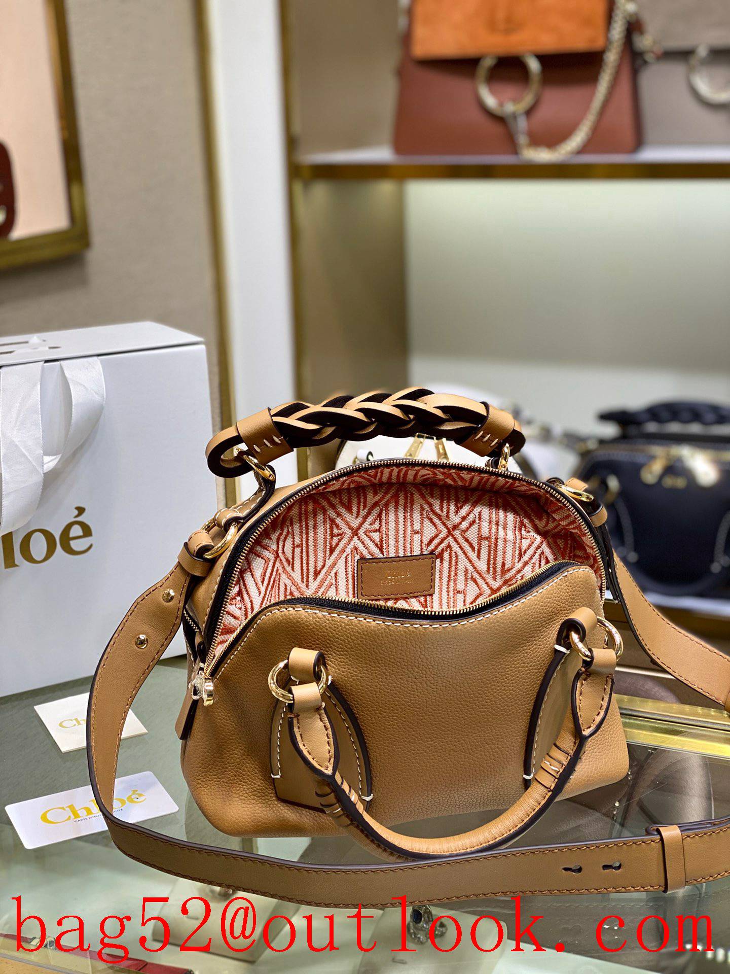 Chole new daria copper-gold-plated double zipper design ye-catching hand-woven handles jacquard letter logo brown handbag