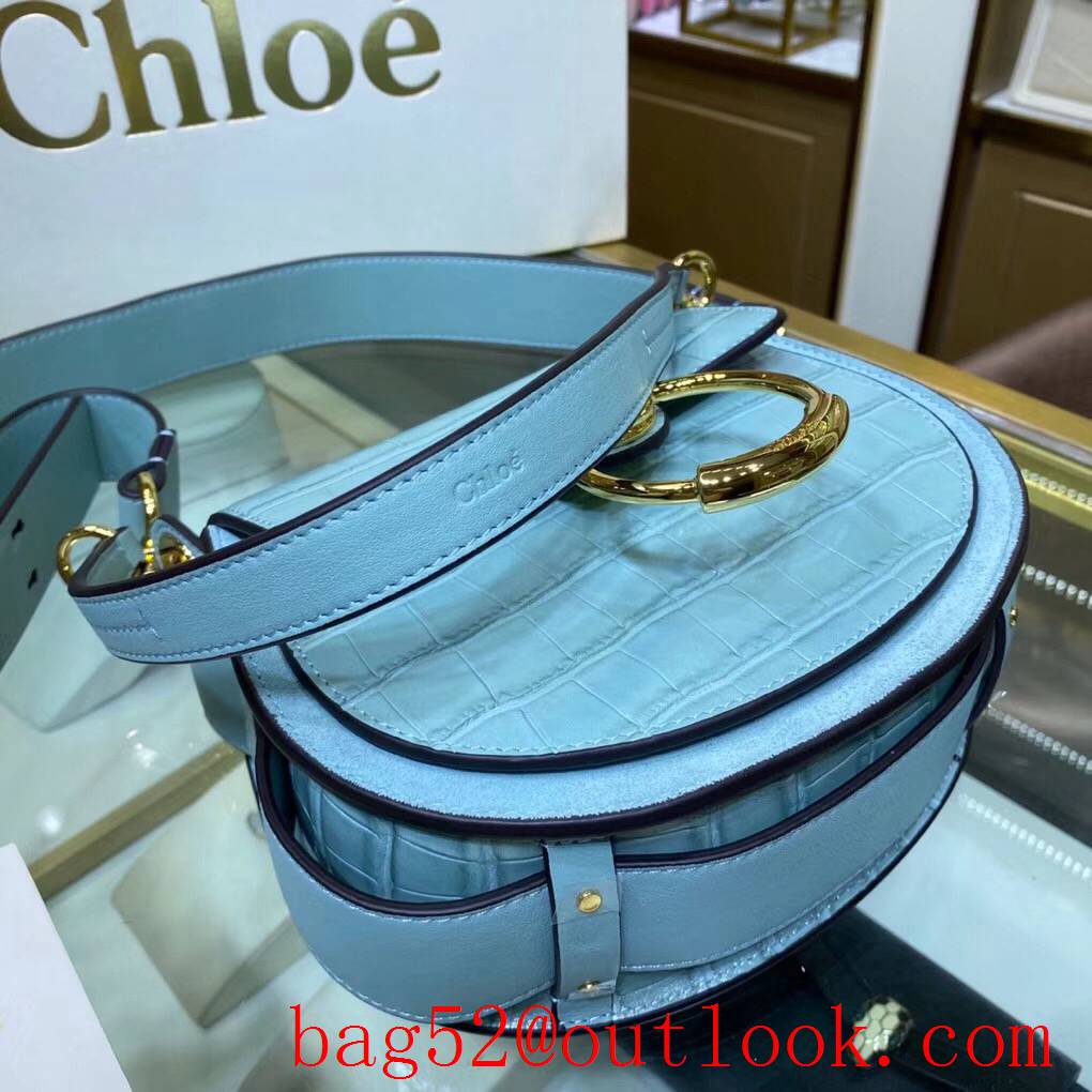 Chole pony embroidery calfskin medium light blue medium handbag