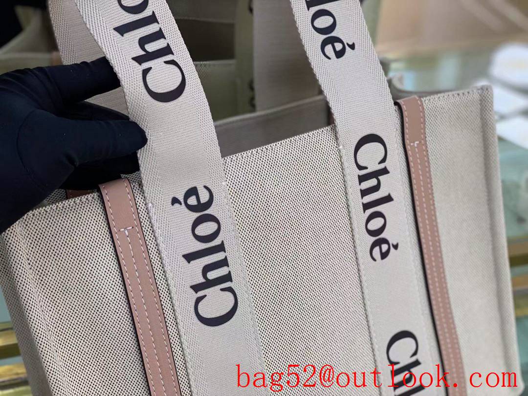 Chole medium pink hand embroidery logo tote canvas woody handbag