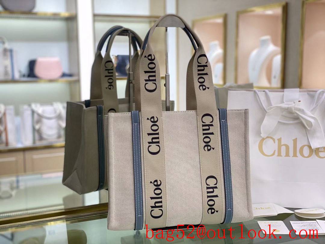 Chole blue stripe beidge strap big logo canvas tote handbag medium bag