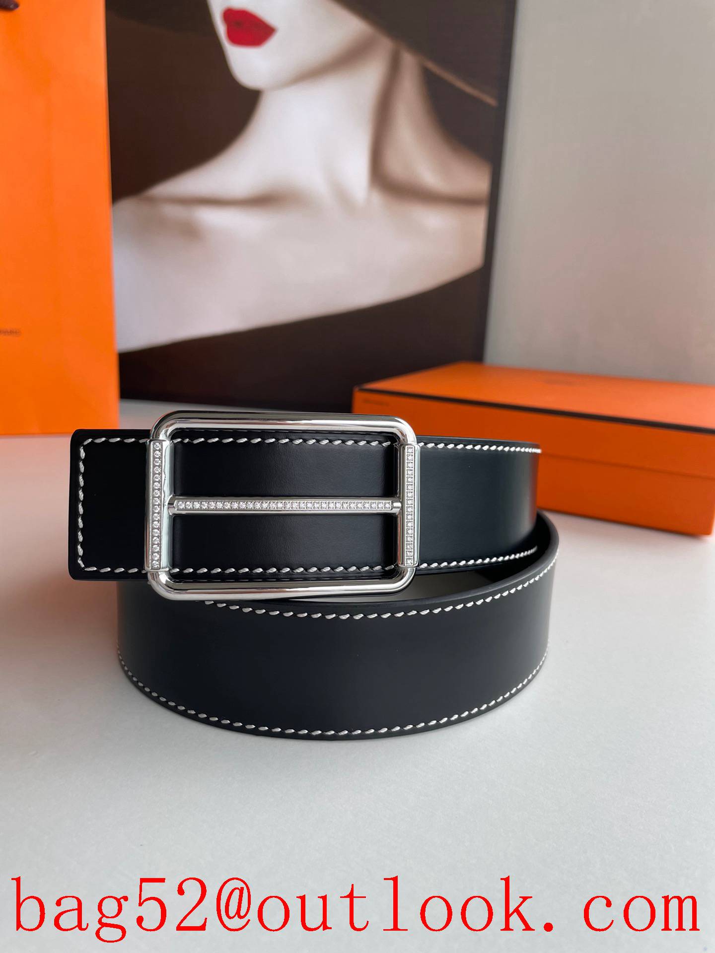 Hermes Double-sided fine cowhide belt with diamond buckle belt