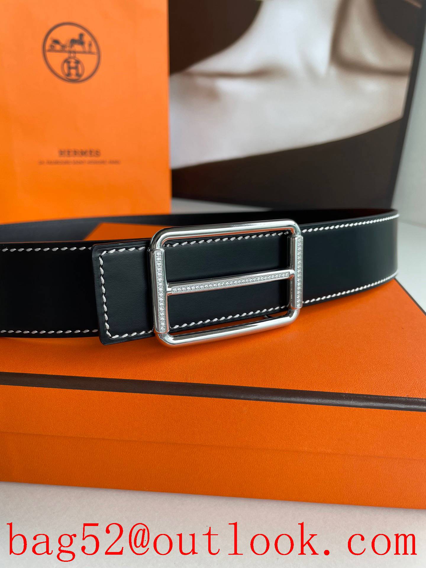 Hermes Double-sided fine cowhide belt with diamond buckle belt