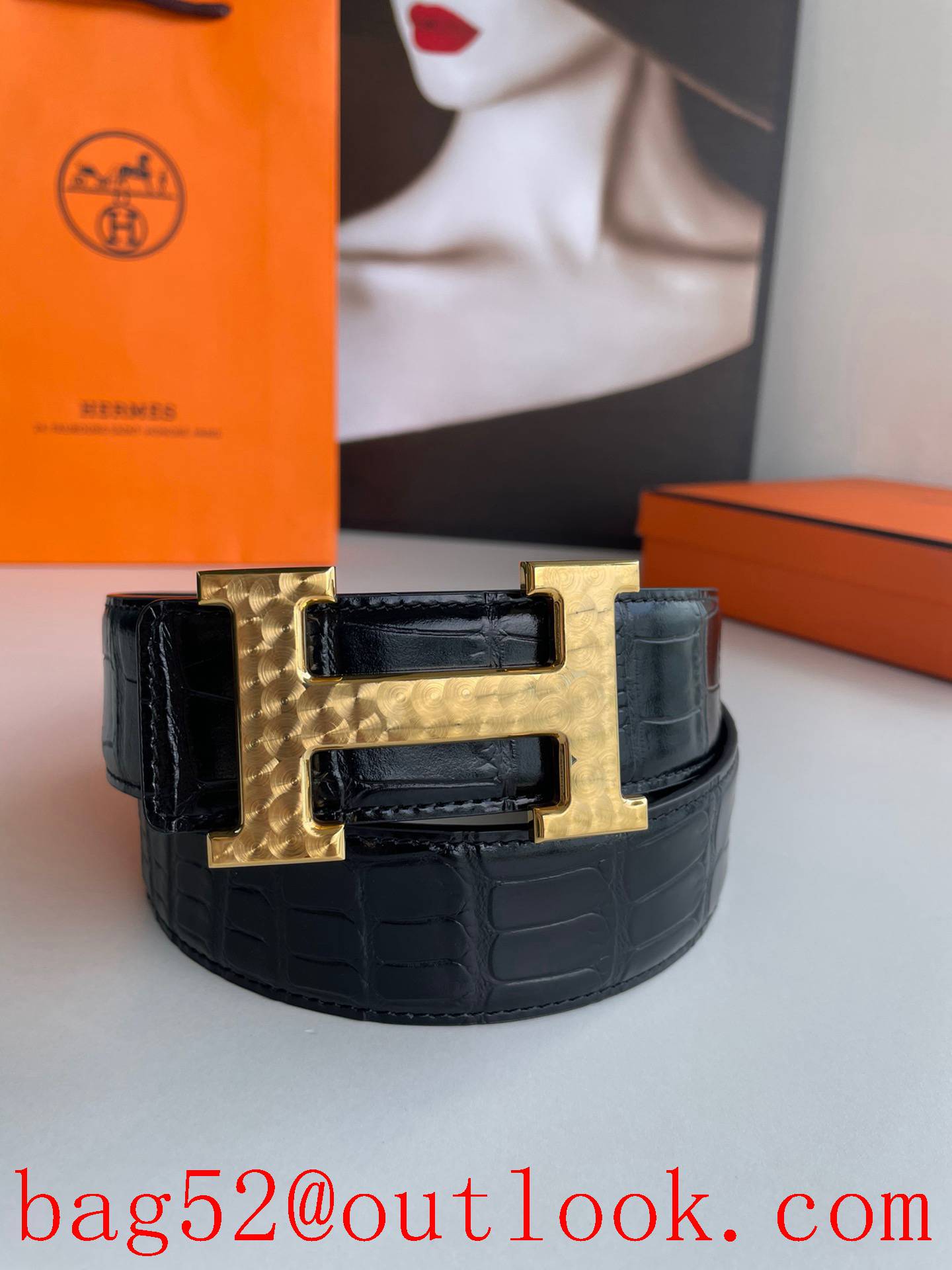 Hermes stainless steel H pattern metal gold buckle belt