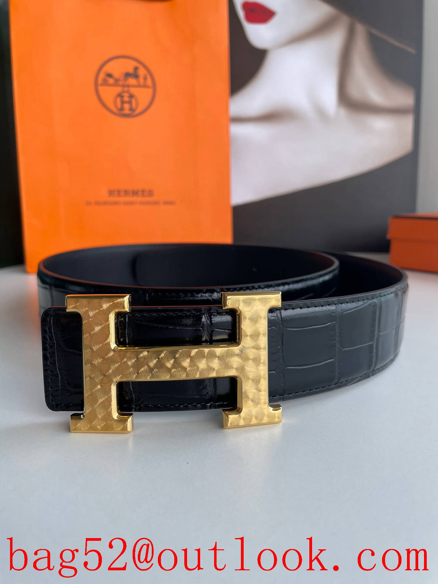 Hermes stainless steel H pattern metal gold buckle belt