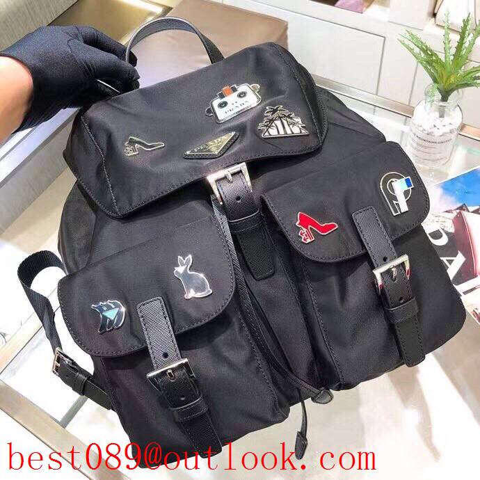 Prada lady nylon black large robot badge seriers backpack bag 3A copy