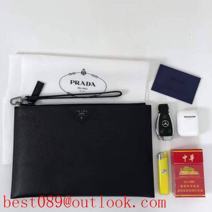 Prada medium men Imported cross pattern black wallet purse card handbag holder zipply bag 3A copy