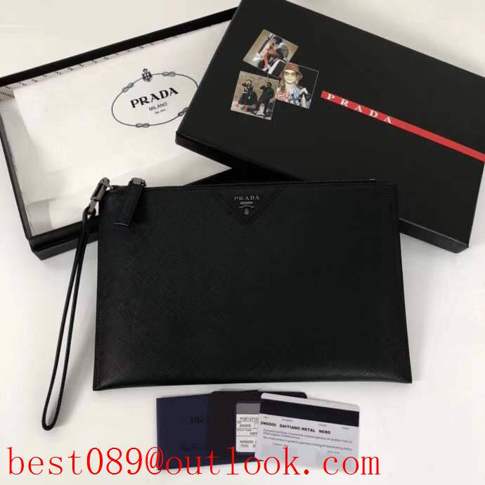 Prada medium men Imported cross pattern black wallet purse card handbag holder zipply bag 3A copy