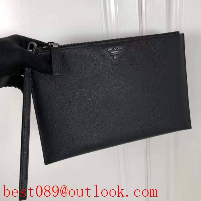 Prada medium men Imported cross pattern black wallet purse card handbag holder zipply bag 3A copy