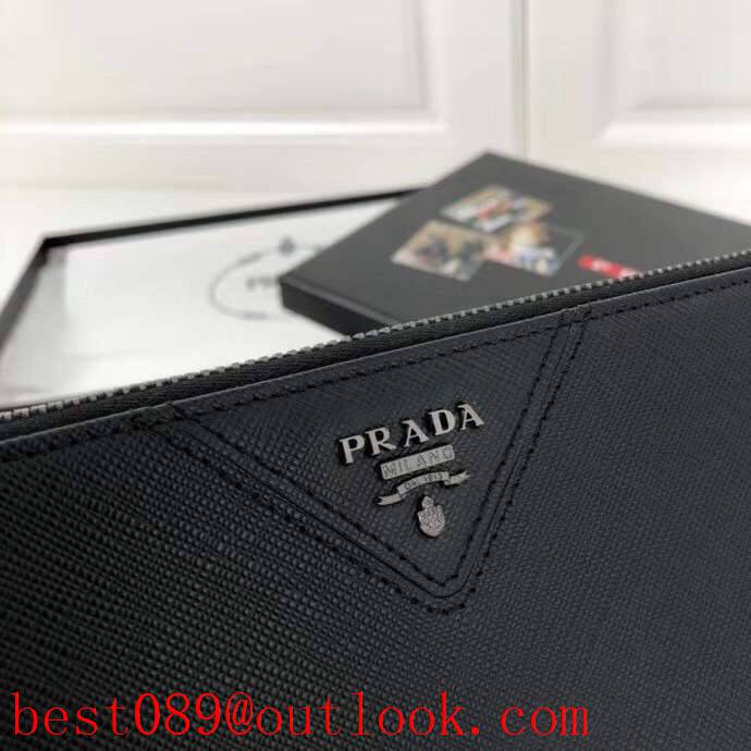 Prada medium men Imported cross pattern black wallet purse card handbag holder zipply bag 3A copy