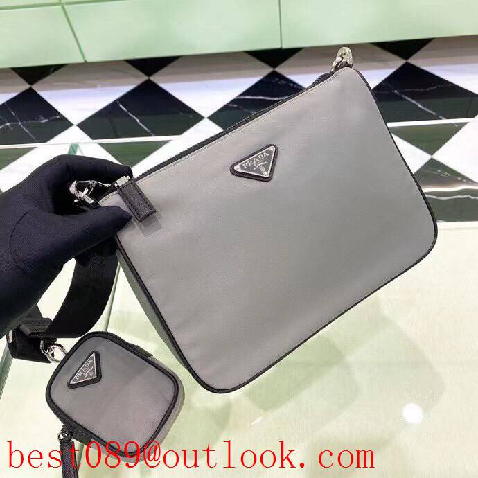 Prada Classic Triangular Enamel Logo grey medium handbag men purse coin shoulder bag 3A copy