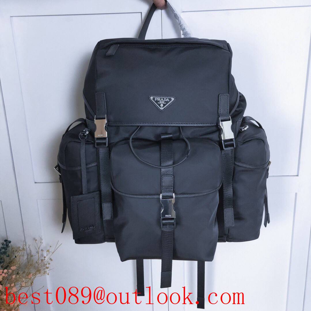 Prada full black large Saffiano leather trim backpage big space bag 3A copy