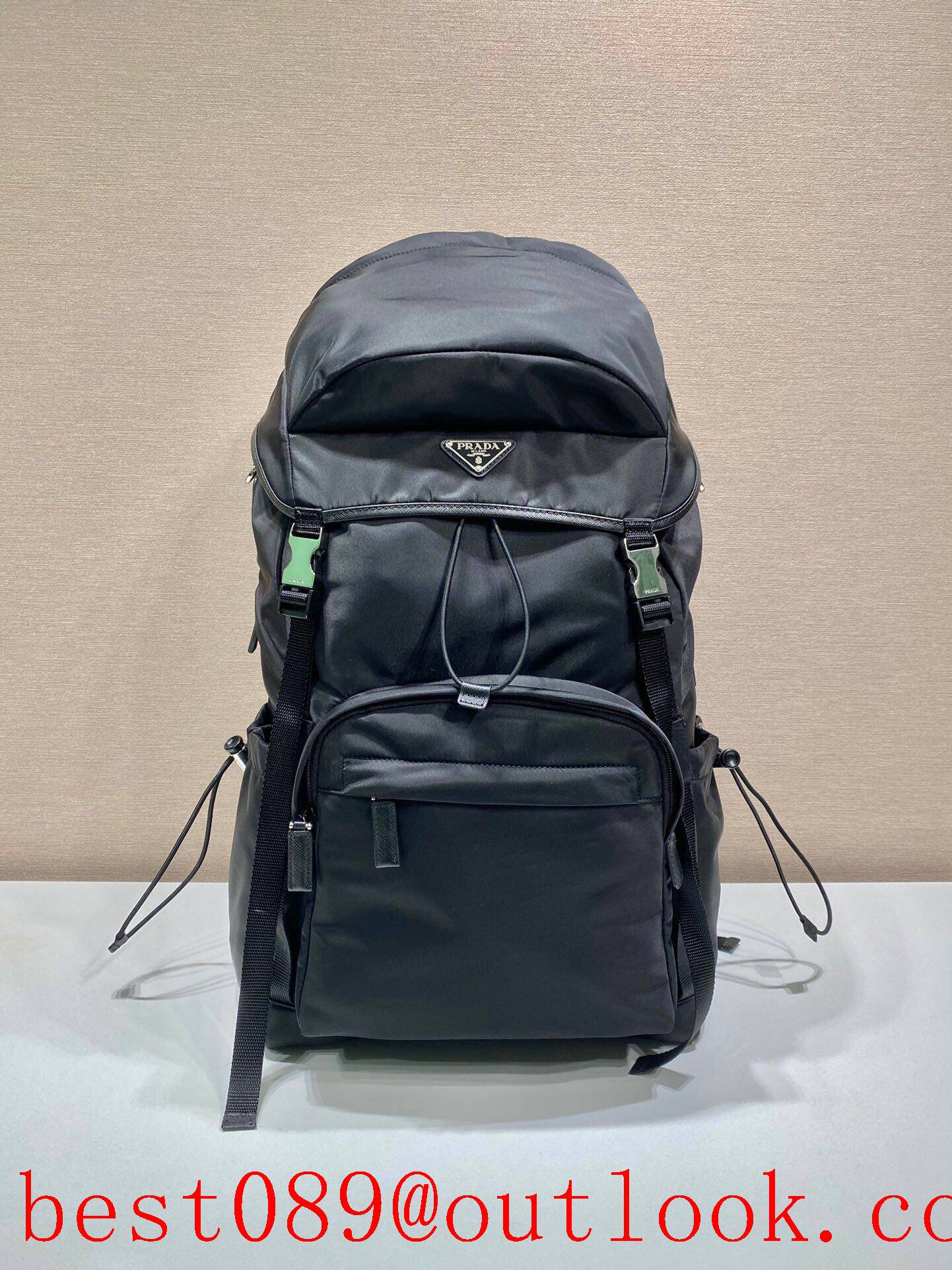 Prada black Re-Nylon large Saffiano leather big space climbing backpack bag 3A copy