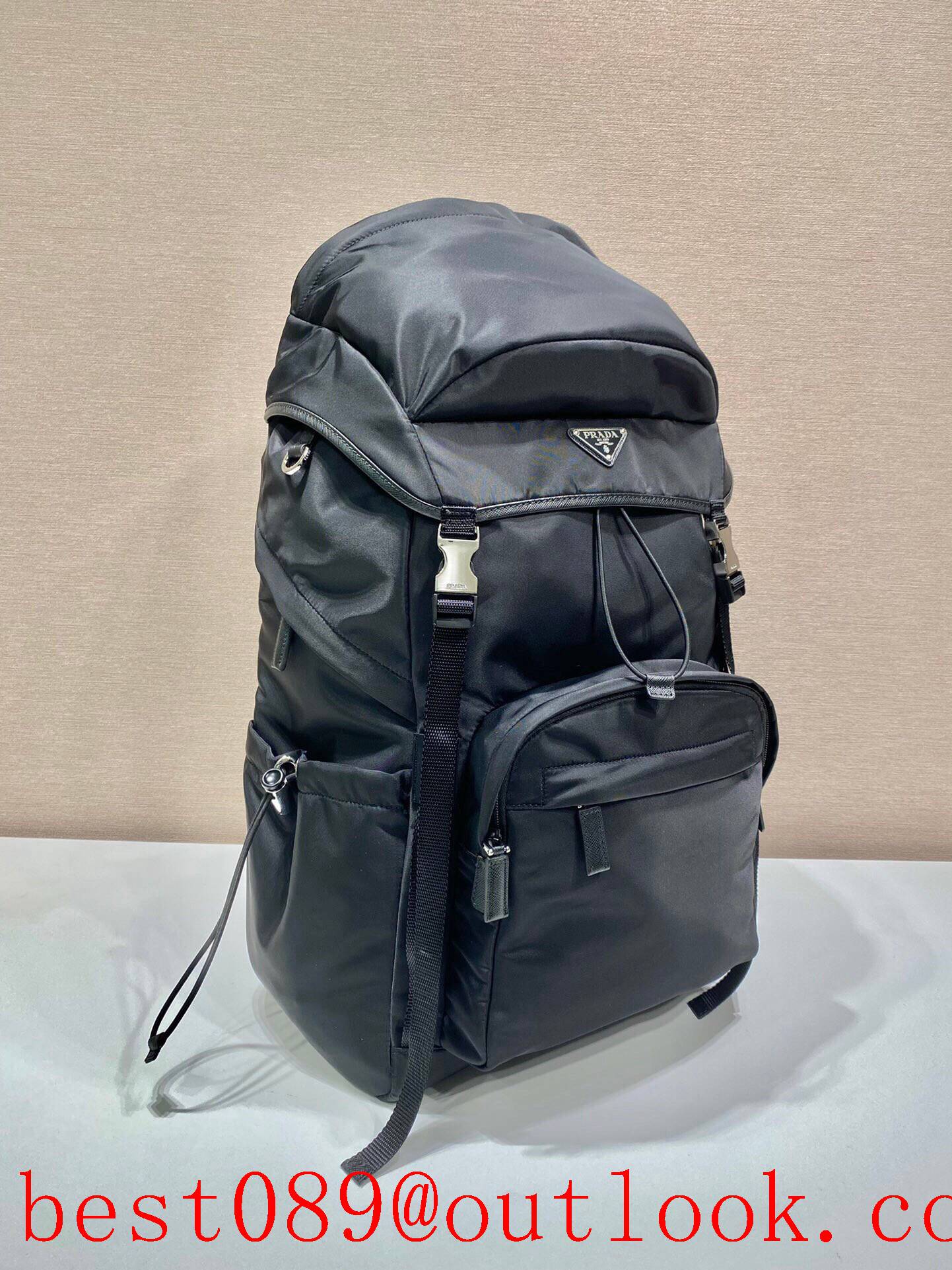 Prada black Re-Nylon large Saffiano leather big space climbing backpack bag 3A copy