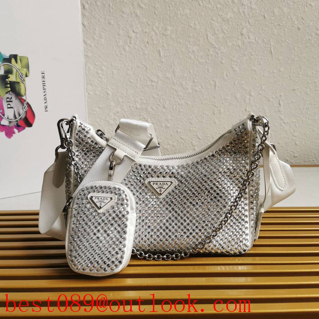 Prada beautiful flashing rhinestones diamond white medium mesh shoulder bag 3A copy