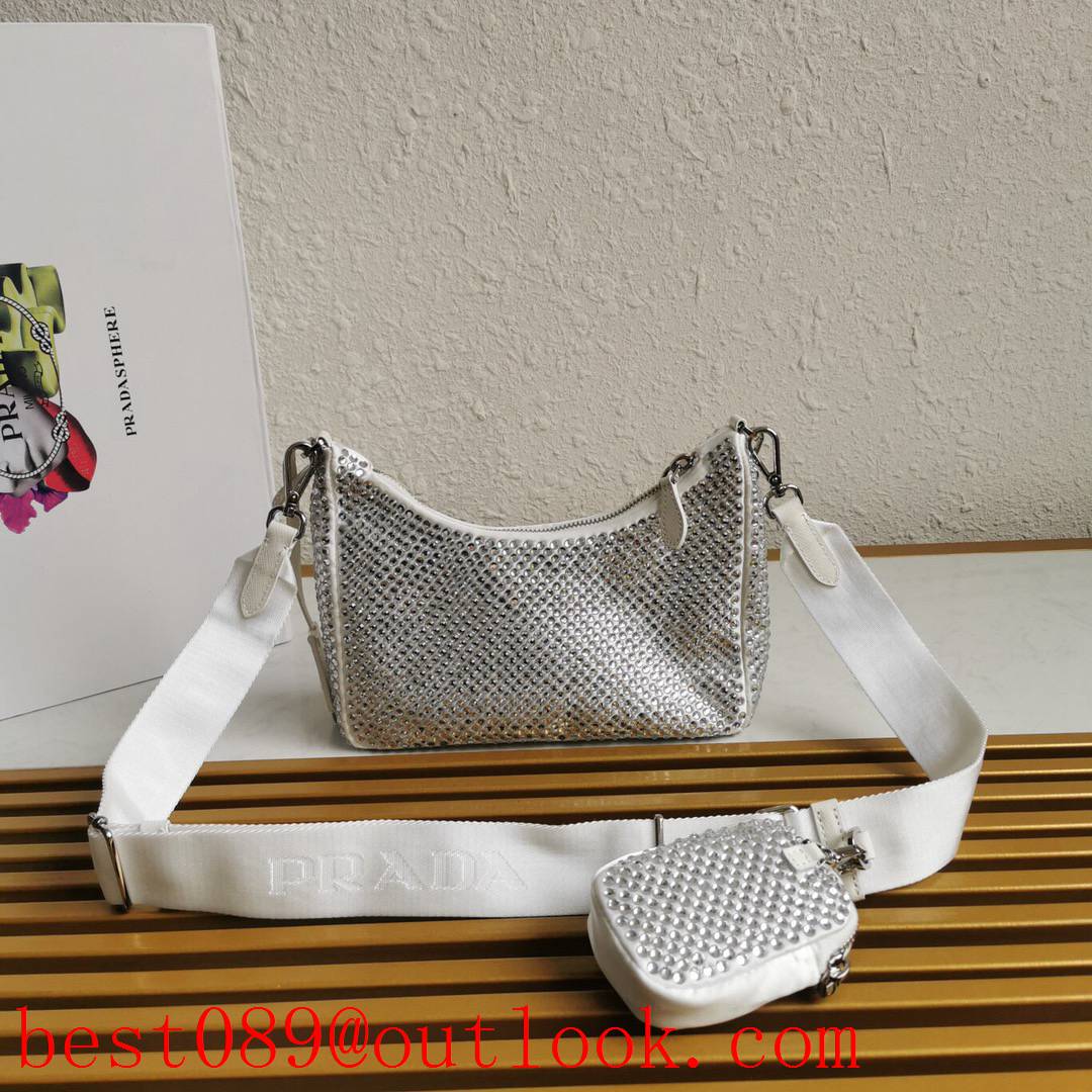 Prada beautiful flashing rhinestones diamond white medium mesh shoulder bag 3A copy