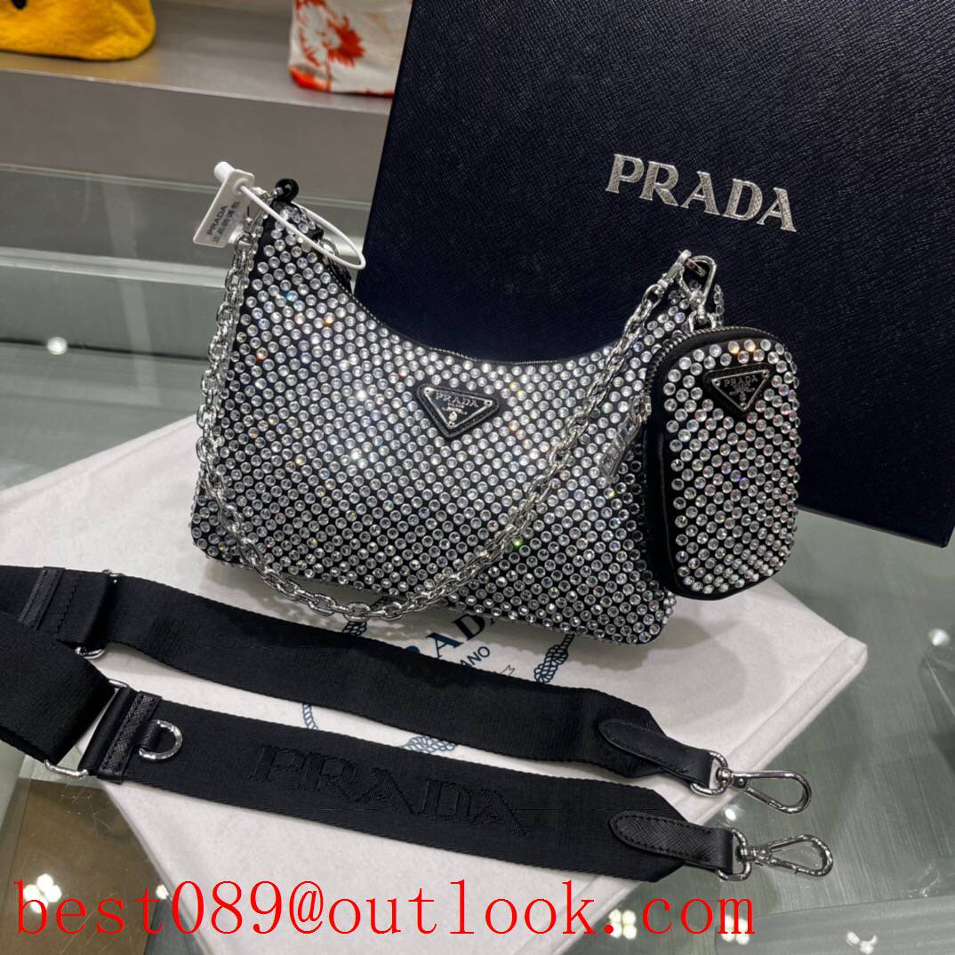 prada darkgrey flashy full diamonds medium shiny handbag 3A copy