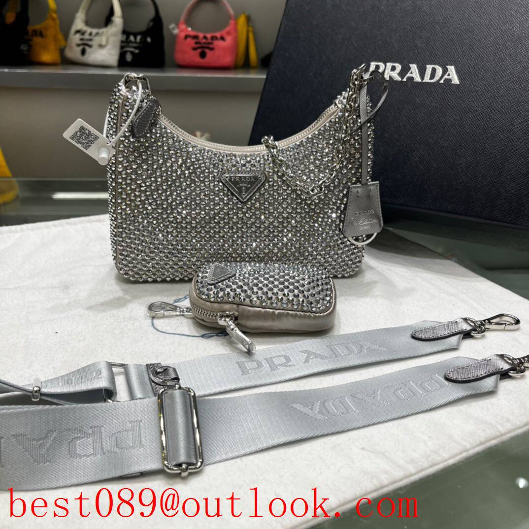 prada full diamonds shiny handbag grey medium flashy bag 3A copy