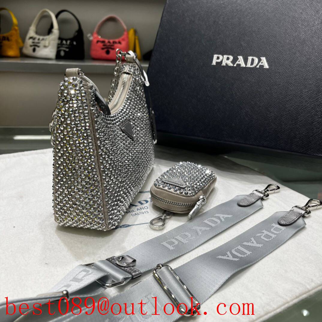 prada full diamonds shiny handbag grey medium flashy bag 3A copy