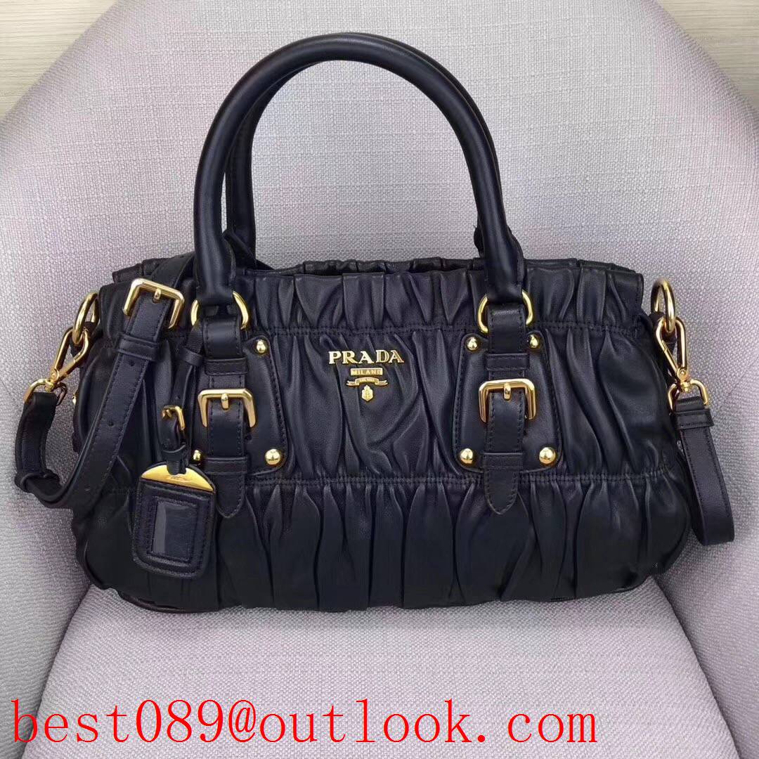 Prada large Crinkled lambskin bronze hardware black shoulder handbag 3A copy