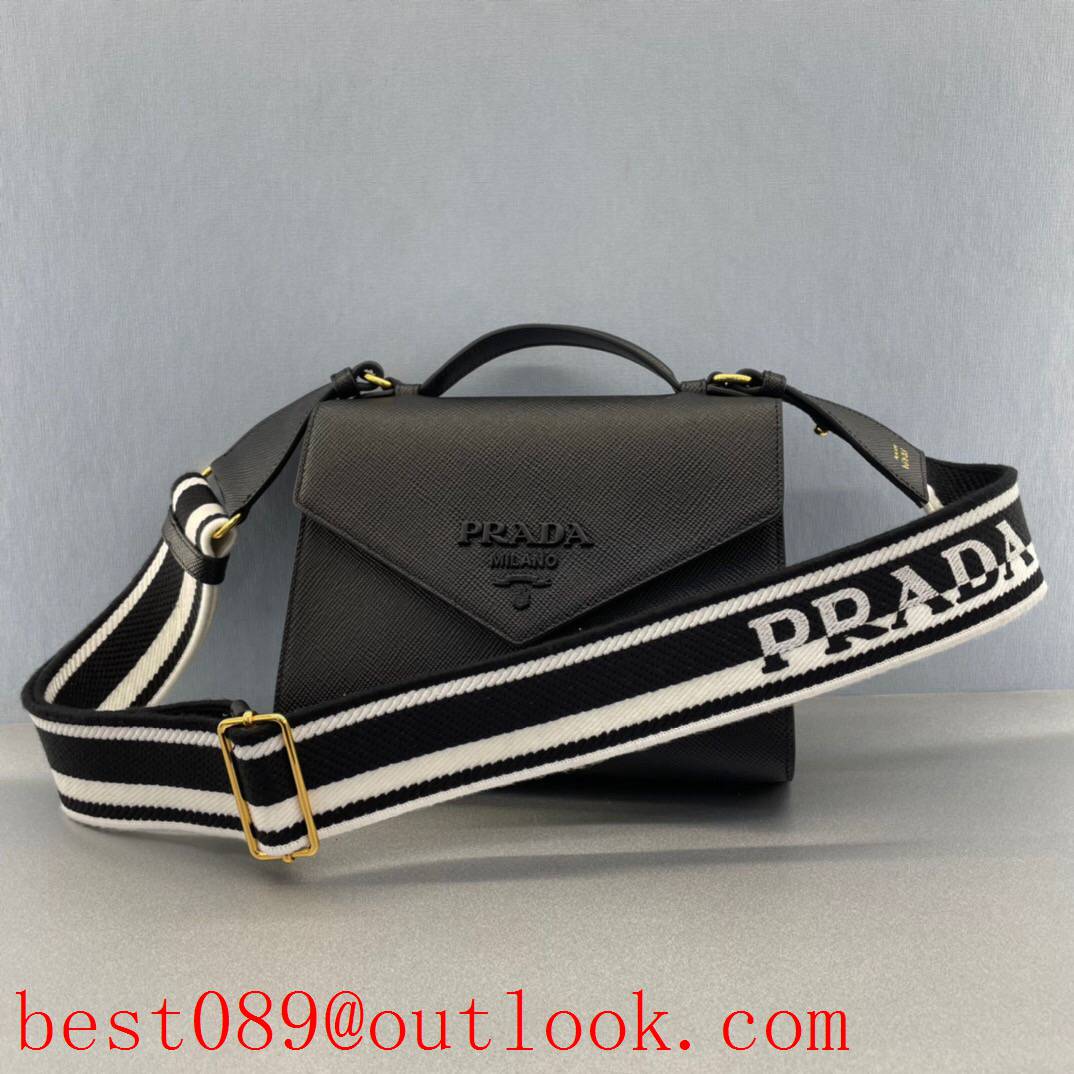 Prada black Leather Handle Detachable Logo Print small Embroidered Web Shoulder crossobody bag 3A copy