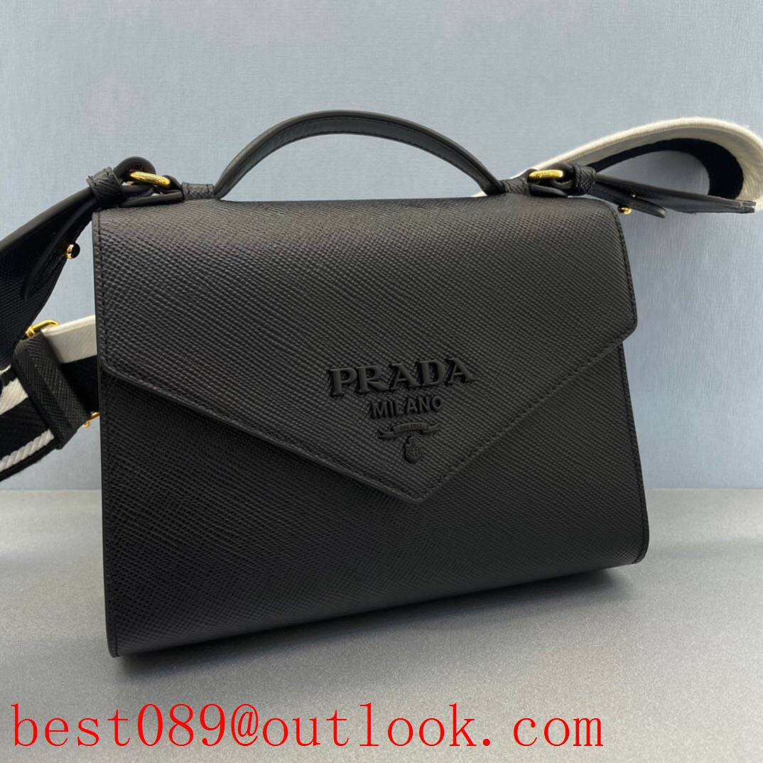 Prada black Leather Handle Detachable Logo Print small Embroidered Web Shoulder crossobody bag 3A copy