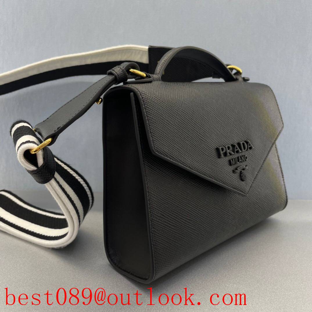 Prada black Leather Handle Detachable Logo Print small Embroidered Web Shoulder crossobody bag 3A copy