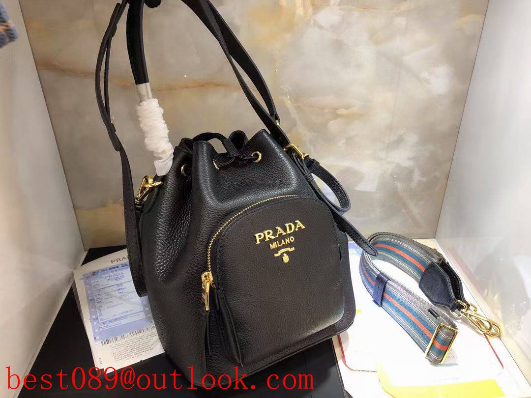 Prada black medium Bucket Bag Imported Calfskin Deerskin Texture Leather Handle handbag 3A copy