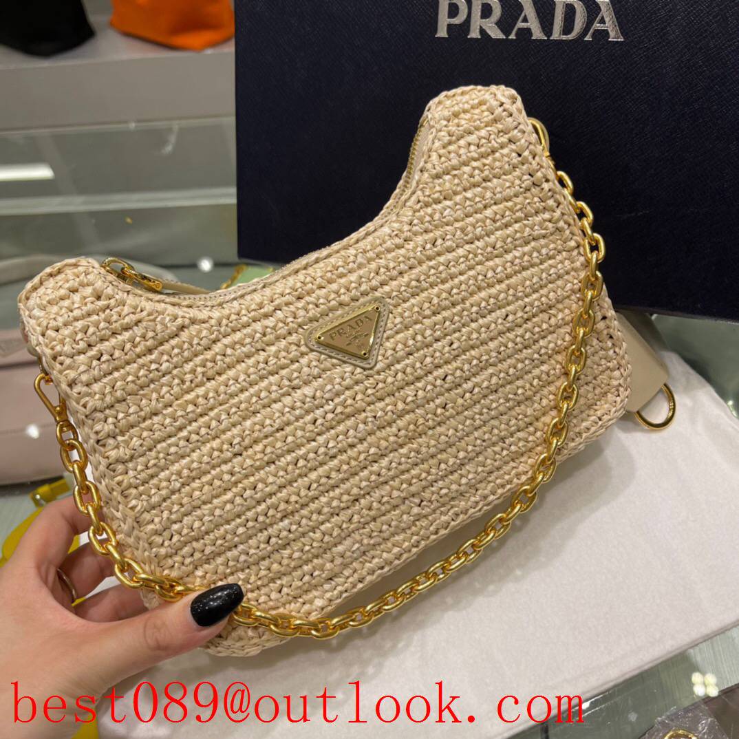 Prada pure hand-woven 3-in-1 design camel chain shoulder handbag 3A copy