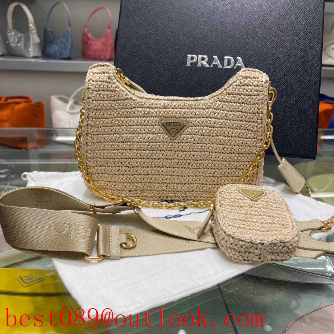 Prada pure hand-woven 3-in-1 design camel chain shoulder handbag 3A copy