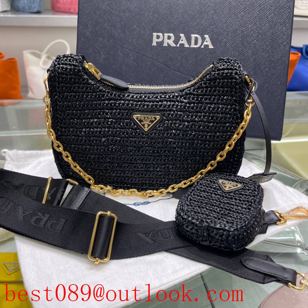Prada medium black hand woven shoulder crossbody bag chain shoulder handbag 3A copy