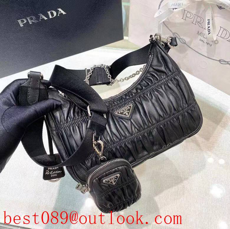 Prada black Crinkled lambskin Hobo medium shoulder handbag 3A copy