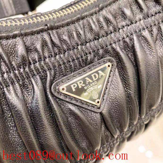 Prada black Crinkled lambskin Hobo medium shoulder handbag 3A copy